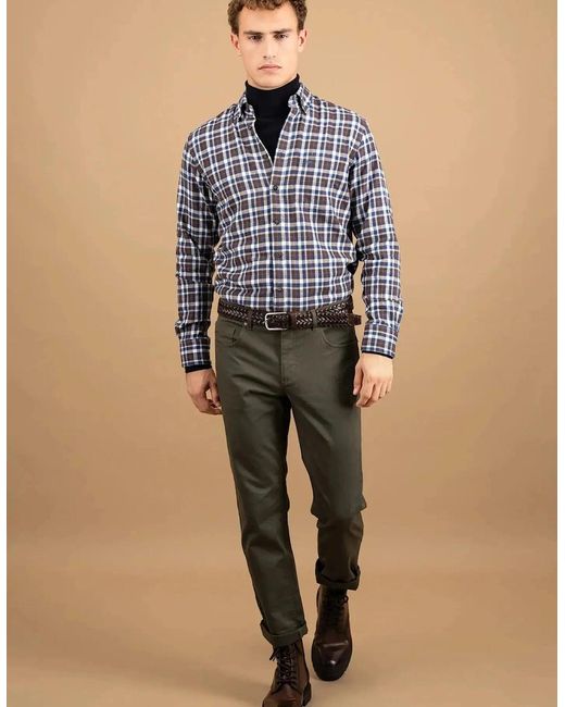 Fynch-Hatton Blue Premium Flannel Check Button Down Shirt Dark Chocolate for men