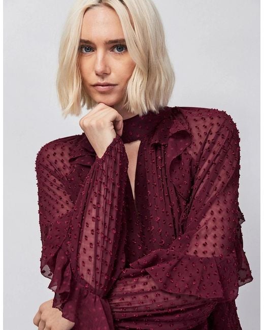 Ro&zo Red Burgundy Dobby Ruffle Short Dress