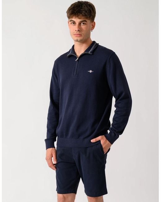 Gant Blue Classic Cotton Shield Logo Half Zip Jumper for men