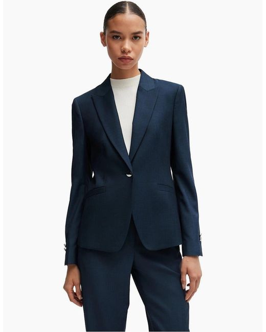 Boss Blue Solid Patterned Lapel Collared Blazer