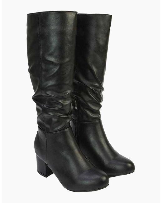 XY London Black Ladies Jackie Ruched Mid Block Heel Knee-High Boots