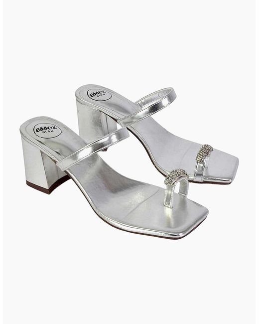 XY London White Ladies Daiquiri Diamante Double Strap Medium Block Heel Mule Sandals
