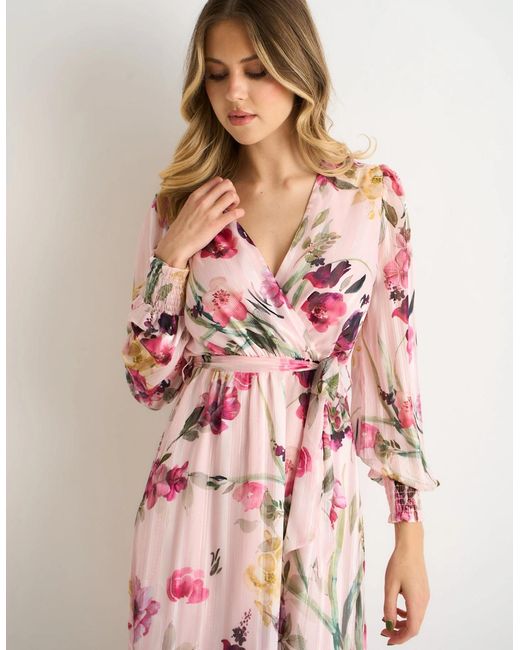 Gini London Pink Floral Print Sparkle Chiffon Wrap Midi Dress
