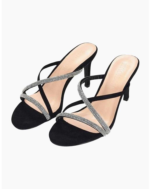 XY London Black Ladies Teddie Diamante Crossover Strap Mule Sandals