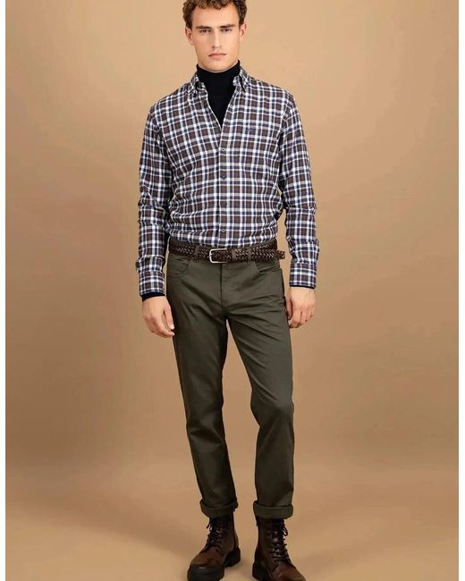 Fynch-Hatton Blue Premium Flannel Check Button Down Shirt Dark Chocolate for men