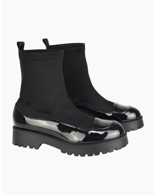 XY London Black Ladies Kerry Patent Chunky Flat Biker Boots