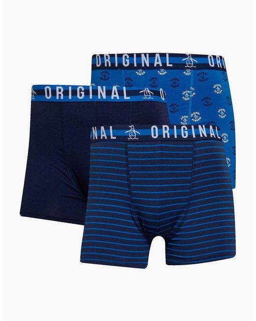 Original Penguin Blue Trunks Assorted 3 Pack Boxer Stretch Soft Cotton Underwear for men