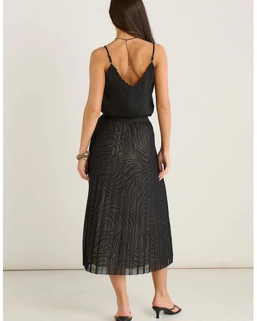 Gini London Black Animal Print Mesh Overlay Pleated Midi Skirt