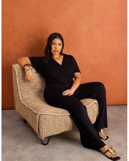 Live Unlimited London Brown V Neck Wrap Flutter Sleeve Jersey Jumpsuit