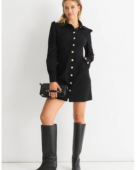 Gini London Black Corduroy Mini Shirt Dress