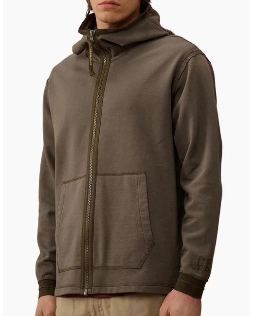 C P Company Brown Diagonal Fleece Zip Hoodie for men
