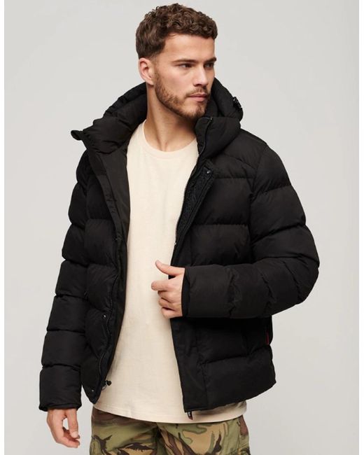 Superdry Black Hooded Microfibre Sport Puffer for men
