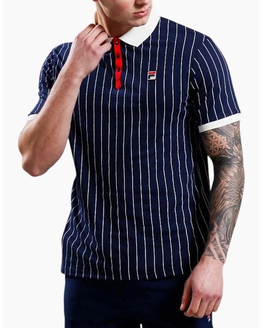 Fila Blue Polo Shirt Classic Striped Polo Short Sleeve Cotton Summer Polo for men