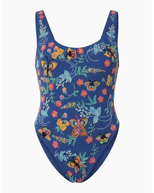 Oceanus Blue Alabama Floral Hand Embroidered One Piece Swimsuit Multi Colour