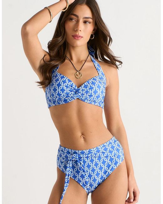 Gini London Blue Chain Print Twist Front Bikini Top