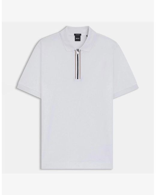 Boss White Paras 65 Zip Placket Polo Shirt for men