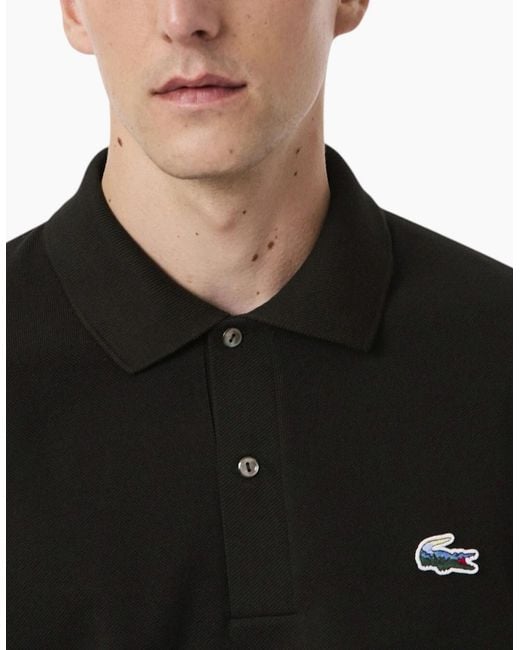 Lacoste Black Polo Shirts Classic Fit Landscape Crocodile Pique Golf Polo Shirt for men
