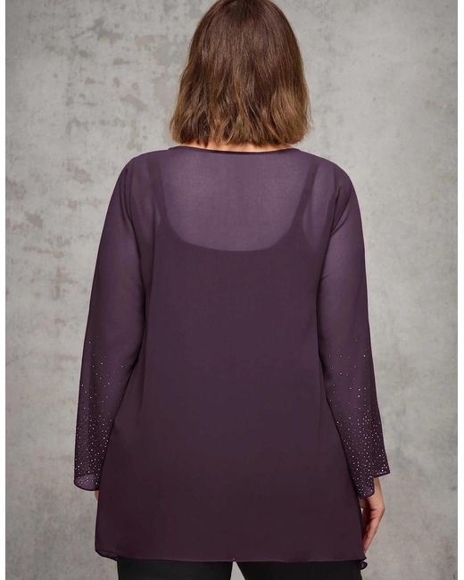Live Unlimited London Purple Plum Sheer Embellished Sleeve Layered Tunic