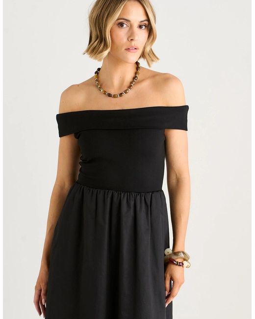 Gini London Black Bardot Jersey Mix Bubble Hem Midi Dress