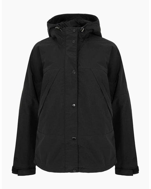 Timberland Black Winnick Solid Patterned Hooded Snap Button Rain Jacket