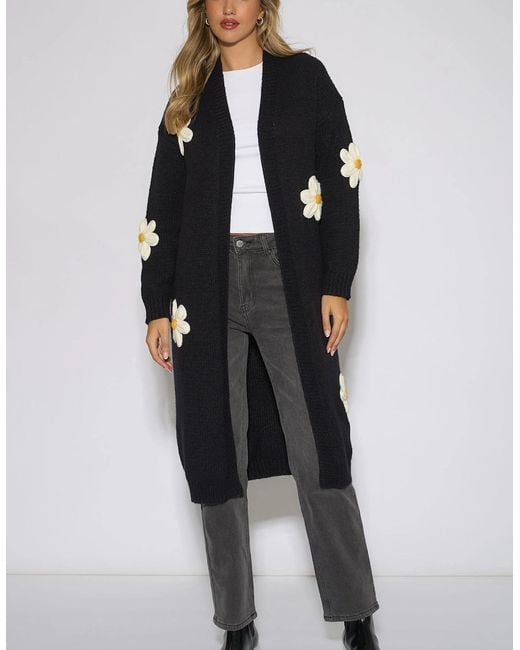 Gini London Black 3D Daisy Flower Longline Cardigan