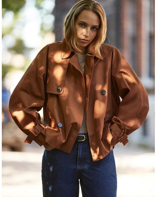 Ro&zo Brown Rust Cropped Cotton Voluminous Sleeve Trench
