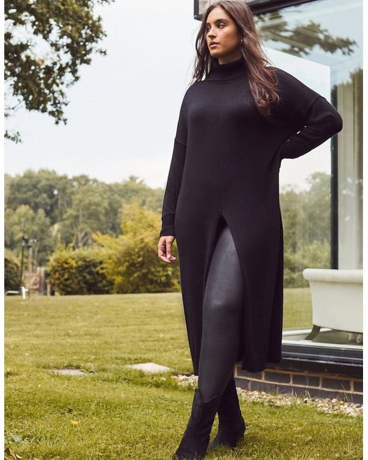 Live Unlimited London Black Cashmere-Blend Split Front Roll Neck Knit Jumper