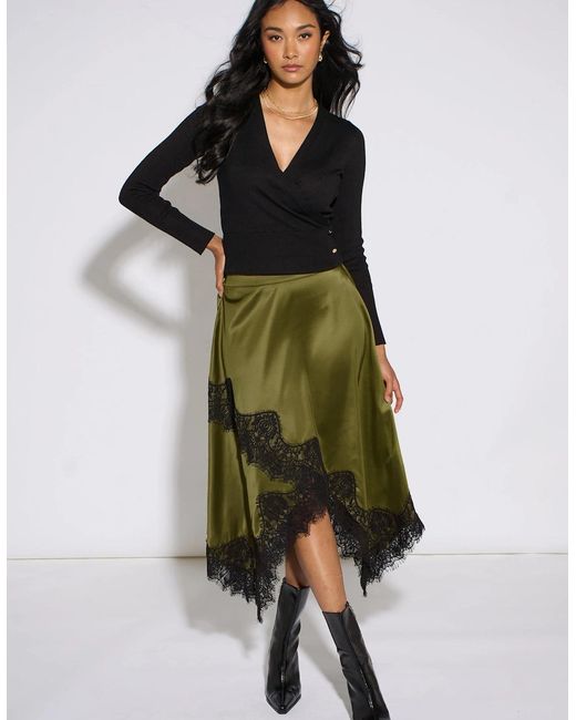 Gini London Natural Khaki Satin Asymmetric Hem Contrast Lace Skirt