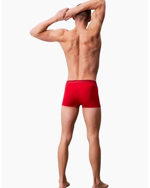 Calvin Klein Red 3-Pack Icon Microfibre Stretch Low-Rise Boxer Trunks, Sleet Adrenaline Rush for men