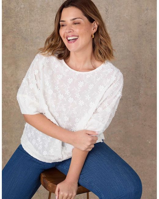 Live Unlimited London White Floral Embroidered Puff Sleeve Blouse