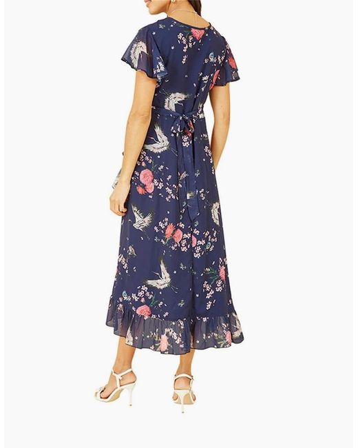 Yumi' Blue Crane Print V-Neck Midi Wrap Dress