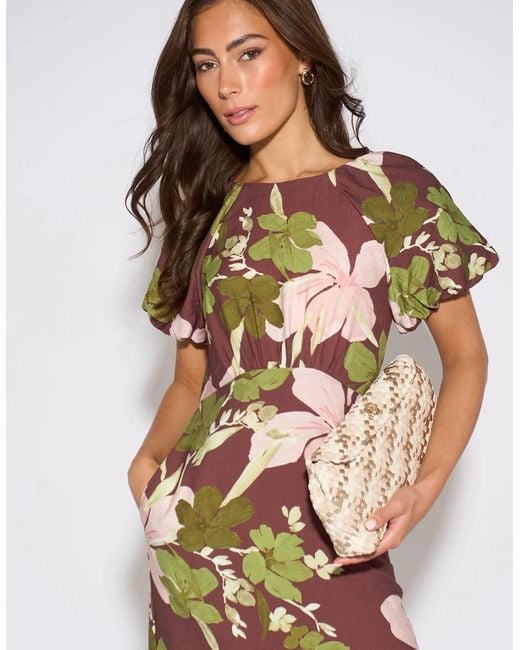 Gini London White Floral Puff Sleeves Midi Dress