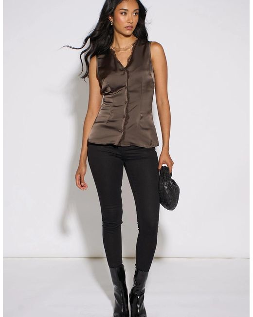 Gini London Brown Satin Sleeveless Waistcoat Top