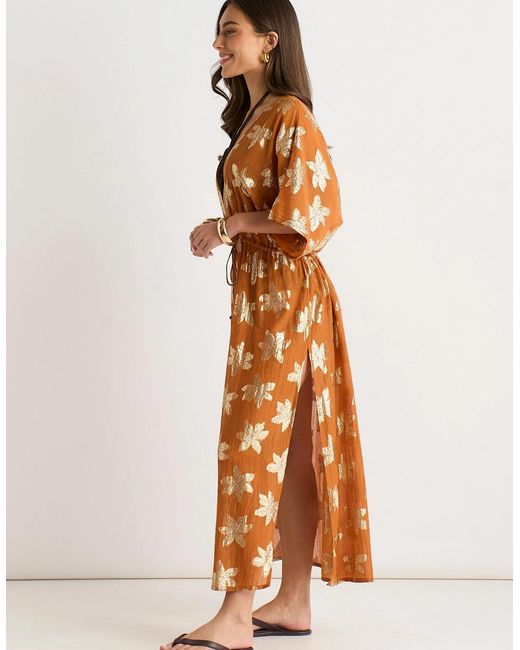 Gini London Orange Floral Lurex Tie Front Kaftan Kimono