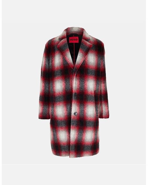 Boss Red Plaid Teddy Bear Coat With Lapel Collar for men