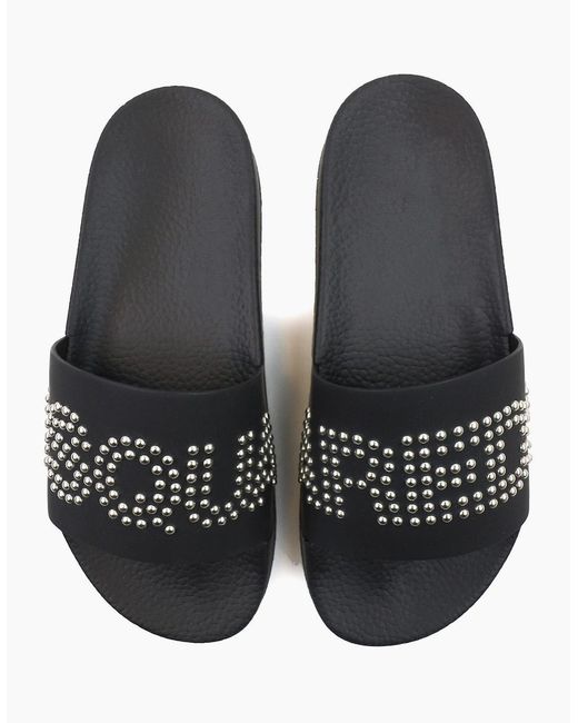 DSquared² Black Dsq2 Stud Logo Leather Sliders for men