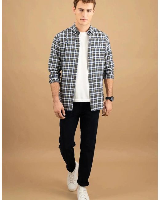 Fynch-Hatton Blue Premium Flannel Check Button Down Shirt Dark Ivy for men