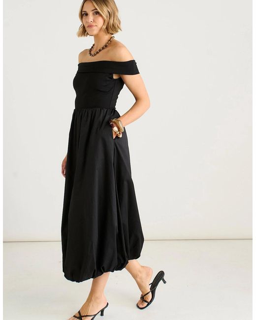 Gini London Black Bardot Jersey Mix Bubble Hem Midi Dress