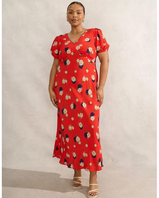 Live Unlimited London Red Floral Puff Sleeve Midi Dress