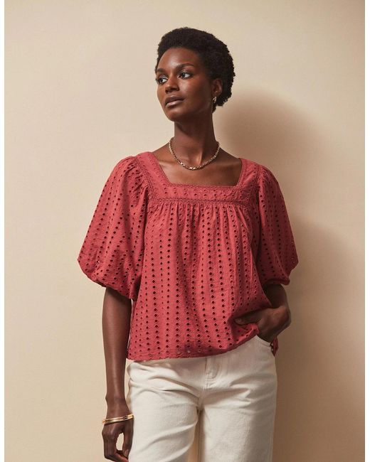 Ro&zo Red Rust Broderie Anglaise Cotton Smock Top