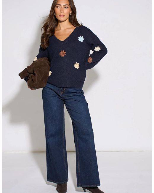 Gini London Blue Crochet 3D Floral Knitted Jumper