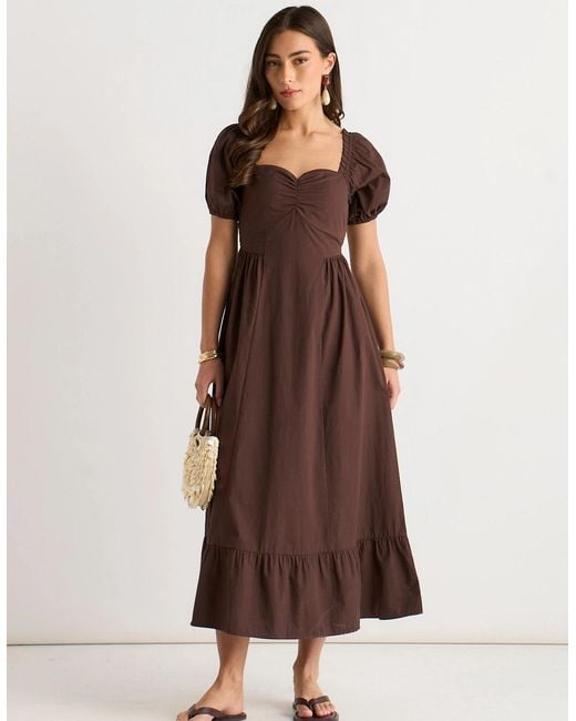 Gini London Brown Gypsy Puff Sleeves Cotton Midaxi Dress