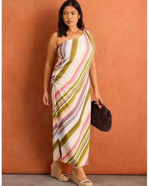 Live Unlimited London Brown Stripe One Shoulder Linen Blend Midaxi Dress