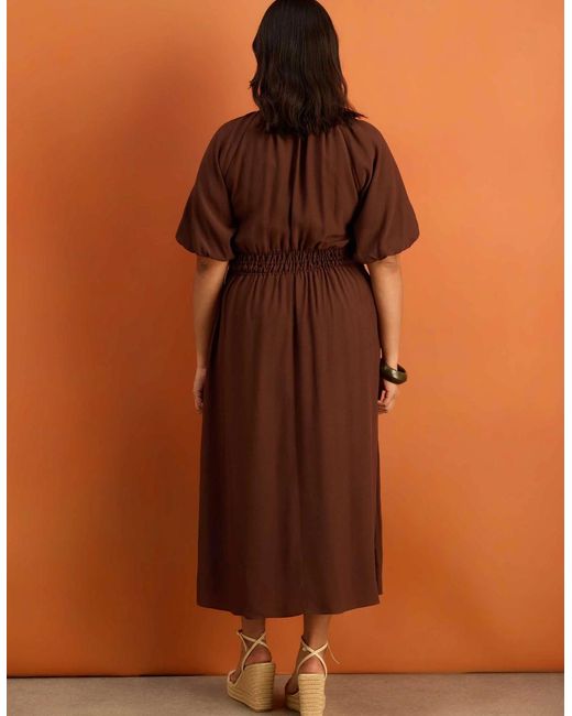 Live Unlimited London Brown Puff Sleeve Elasticated Waist Dress