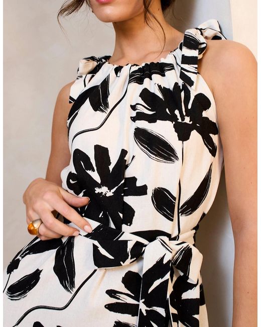 Gini London White Mono Floral Print Tie-Shoulder Belted Trapeze Dress