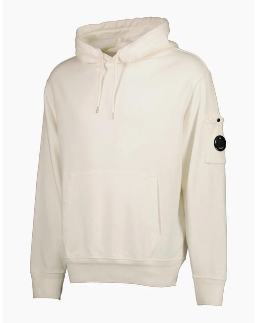 C P Company White Diagonal Fleece Lens Hoodie for men