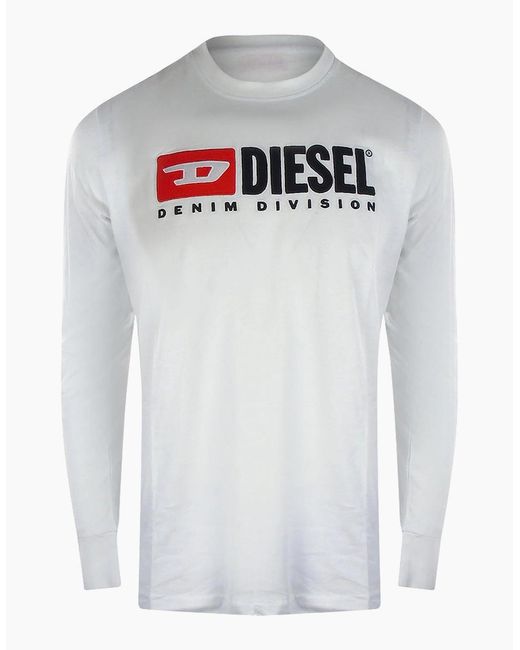 DIESEL White Denim Division Logo Long Sleeve T-Shirt for men
