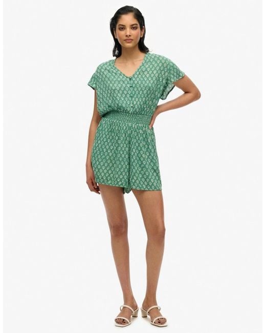 Superdry Green Short Sleeve Printed Playsuit Floral Block