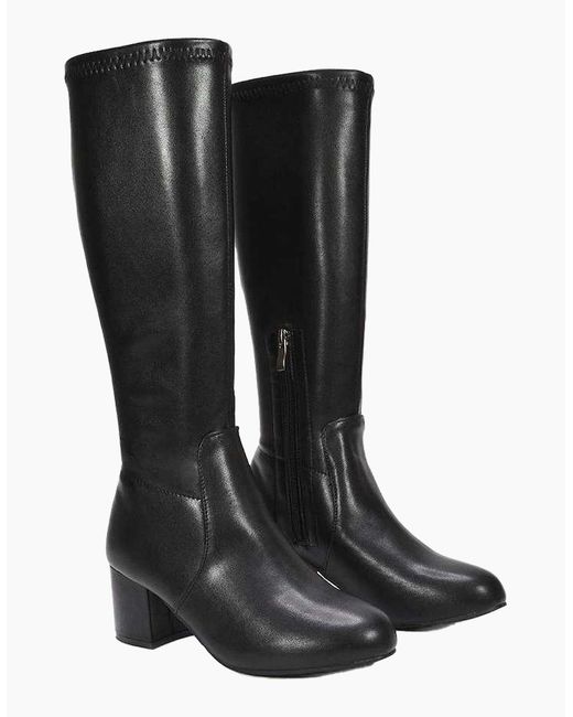 XY London Black Ladies Masie Knee-High Low Mid Block Heel Boots