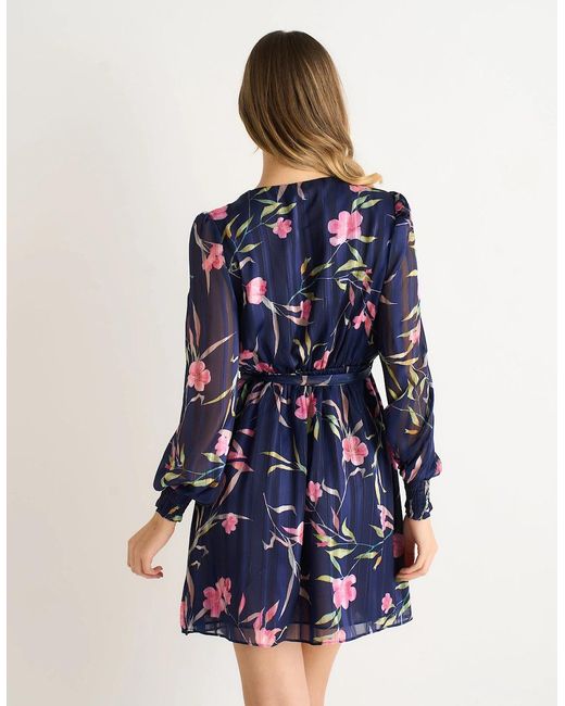 Gini London Blue Floral Print Shimmer Stripe Chiffon Wrap Mini Dress
